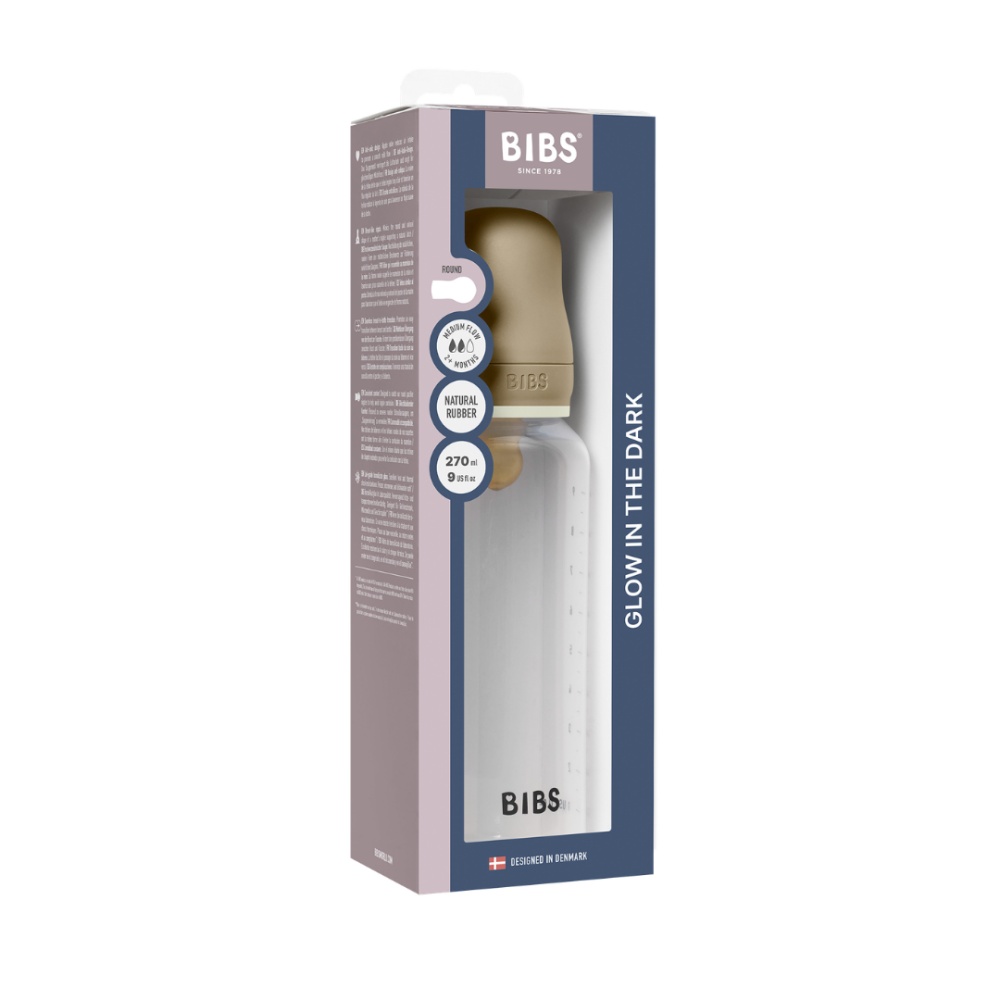 Set complet biberon BIBS fosforescent anticolici PP fara BPA, 270 ml, Latex, Vanilla Glow