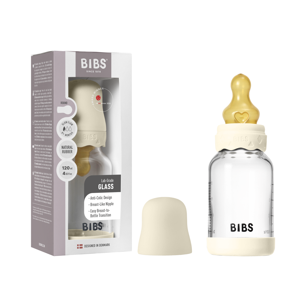Set complet biberon BIBS Boheme din sticla anticolici cu tetina din latex, flux lent, 120 ml, Ivory