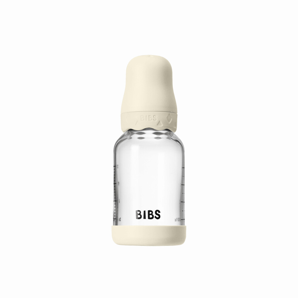Set complet biberon BIBS Boheme din sticla anticolici cu tetina din latex, flux lent, 120 ml, Ivory