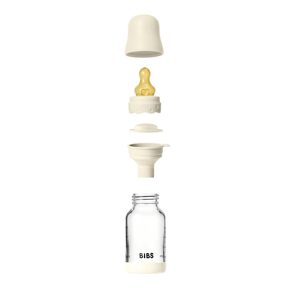 Set complet biberon BIBS Boheme din sticla anticolici cu tetina din latex, flux lent, 120 ml, Ivory