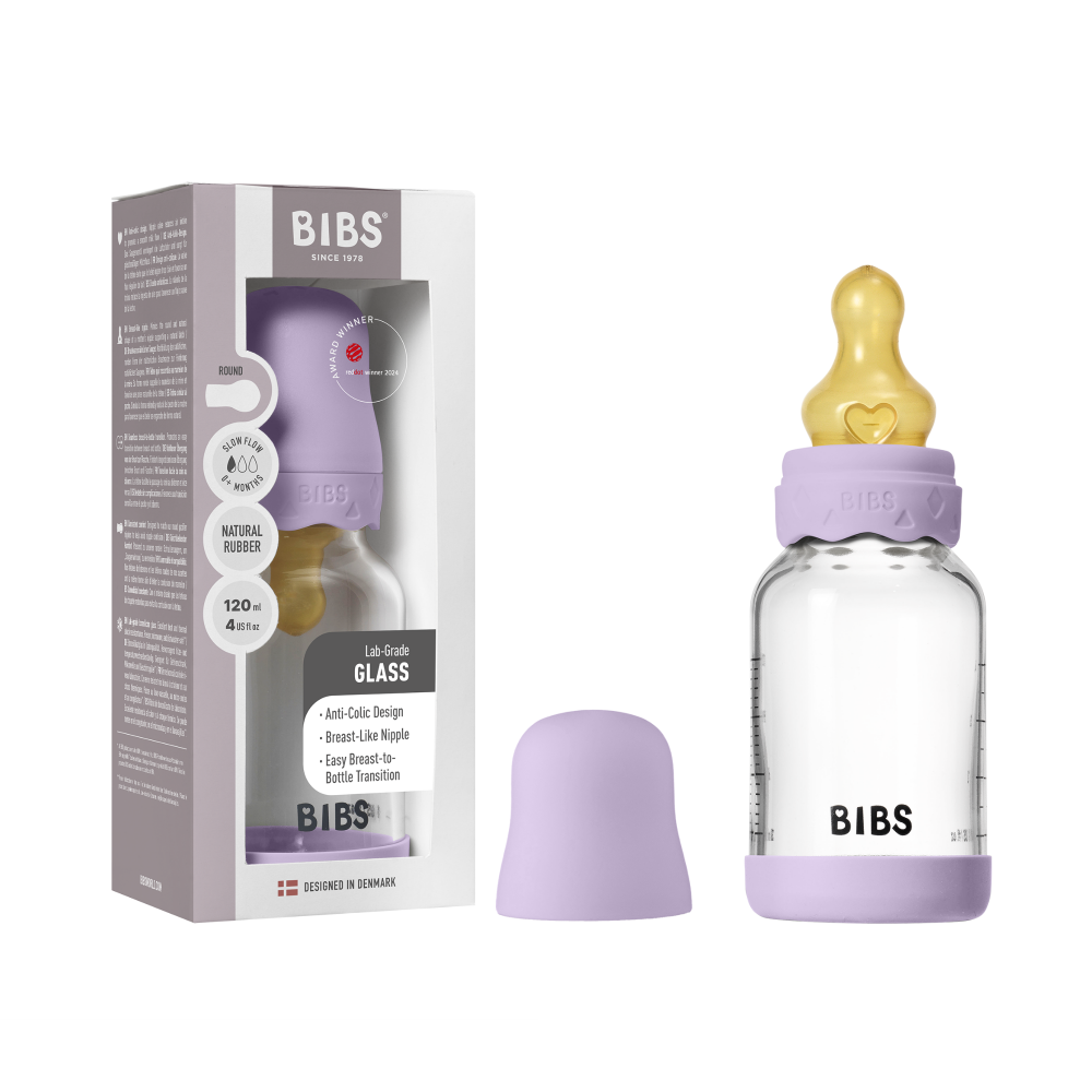 Set complet biberon BIBS Boheme din sticla anticolici cu tetina din latex, flux lent, 120 ml, Violet Sky