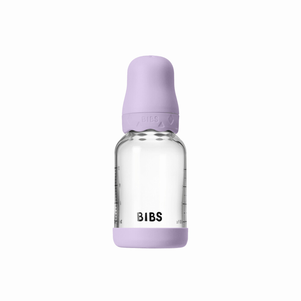 Set complet biberon BIBS Boheme din sticla anticolici cu tetina din latex, flux lent, 120 ml, Violet Sky