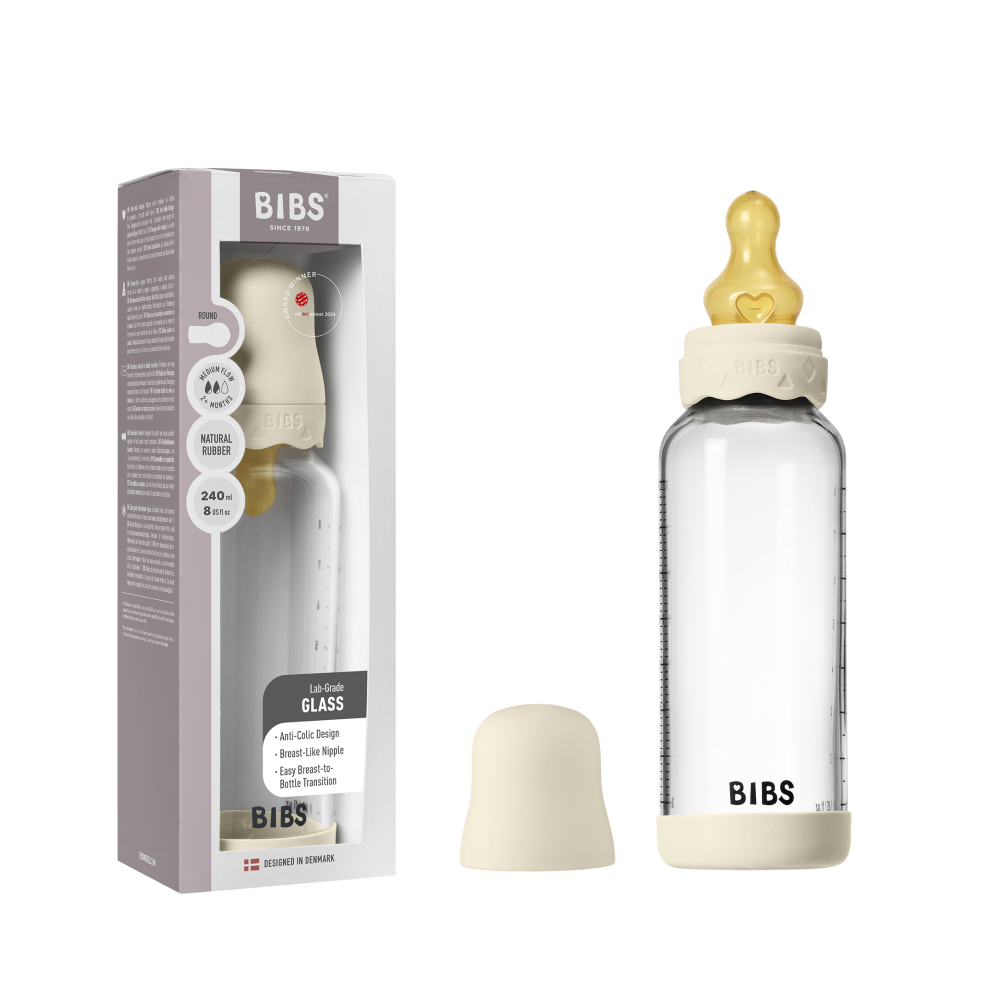 Set complet biberon BIBS Boheme din sticla anticolici cu tetina din latex, flux mediu, 240 ml, Ivory