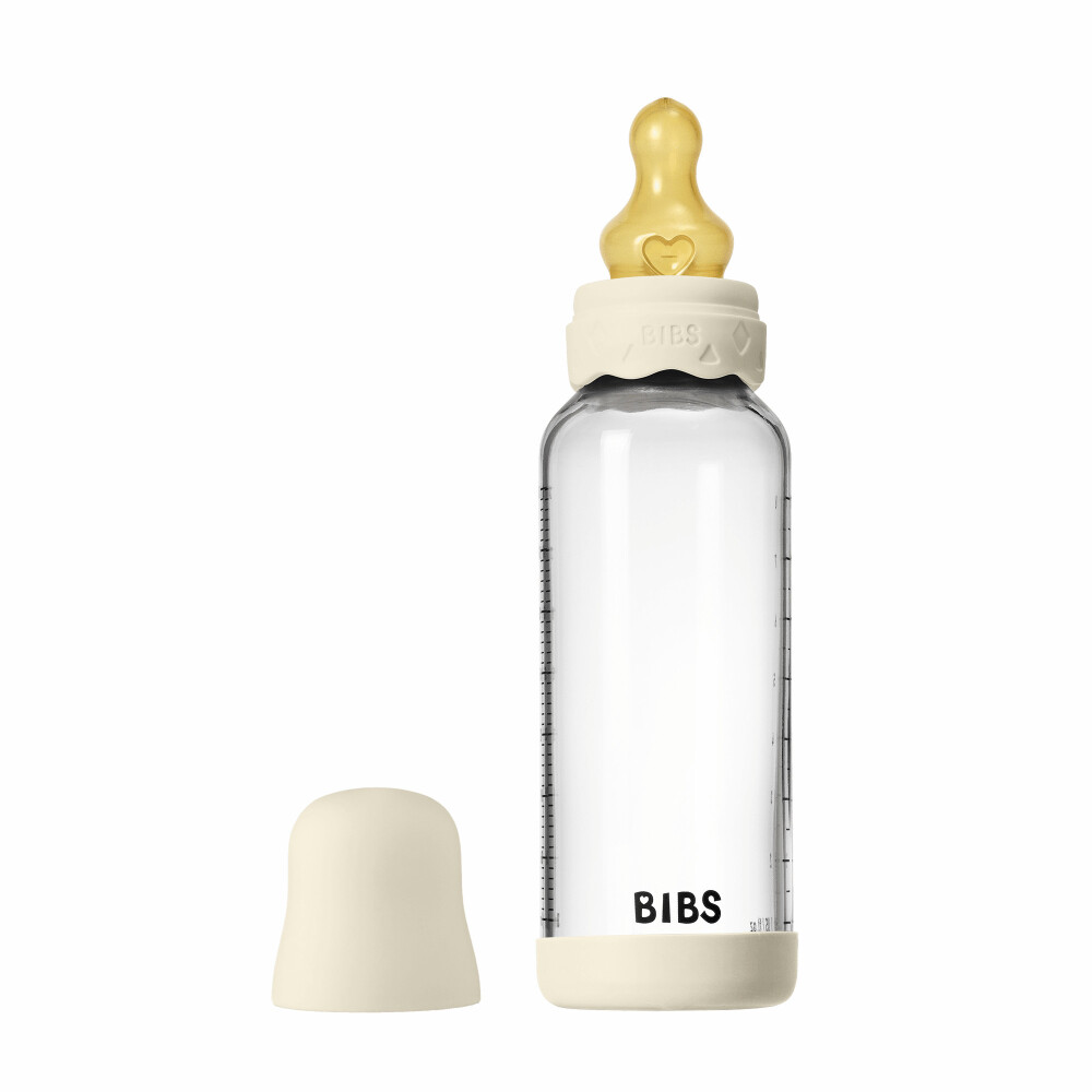 Set complet biberon BIBS Boheme din sticla anticolici cu tetina din latex, flux mediu, 240 ml, Ivory