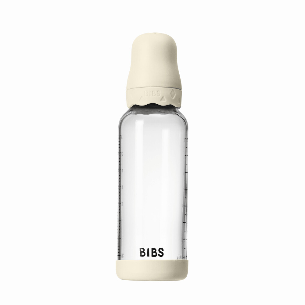 Set complet biberon BIBS Boheme din sticla anticolici cu tetina din latex, flux mediu, 240 ml, Ivory