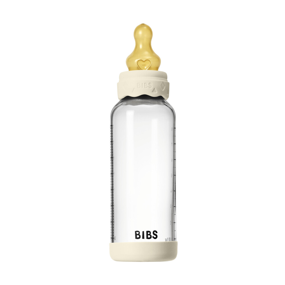 Set complet biberon BIBS Boheme din sticla anticolici cu tetina din latex, flux mediu, 240 ml, Ivory