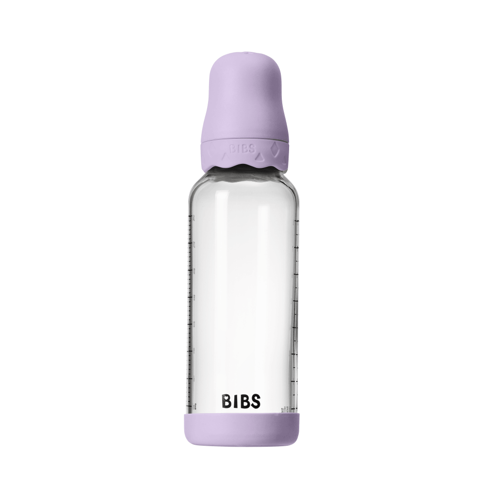 Set complet biberon BIBS Boheme din sticla anticolici cu tetina din latex, flux mediu, 240 ml, Violet Sky