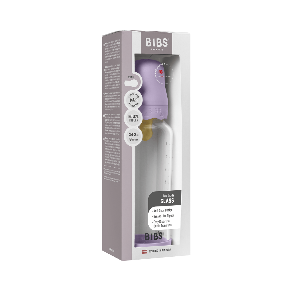 Set complet biberon BIBS Boheme din sticla anticolici cu tetina din latex, flux mediu, 240 ml, Violet Sky