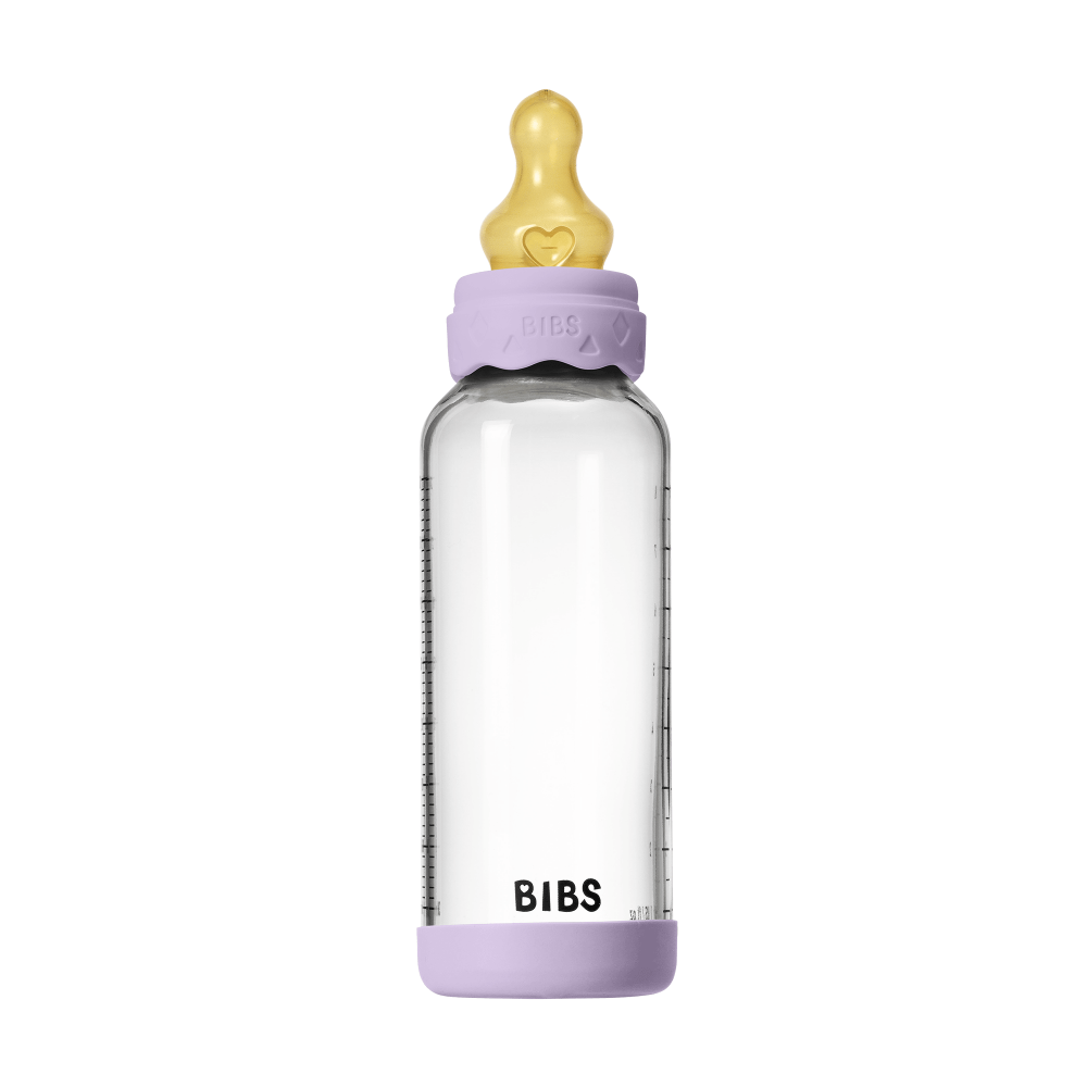 Set complet biberon BIBS Boheme din sticla anticolici cu tetina din latex, flux mediu, 240 ml, Violet Sky