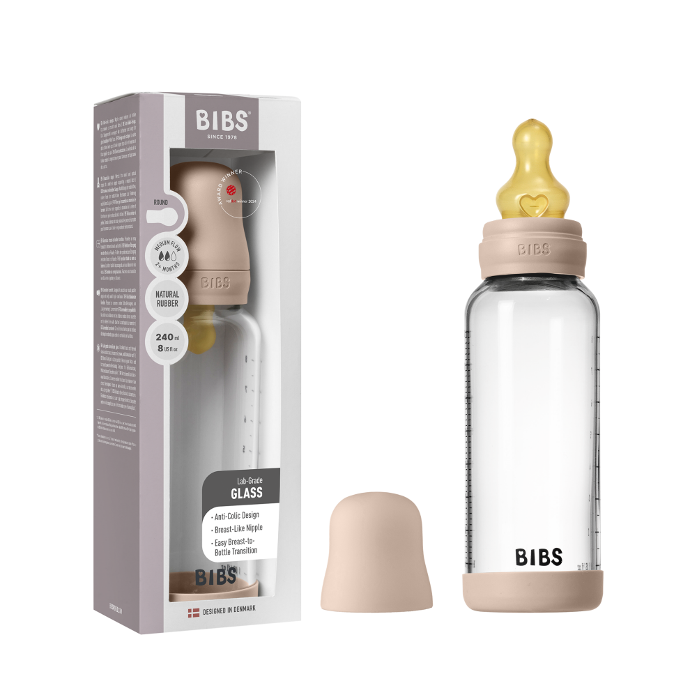 Set complet biberon BIBS din sticla anticolici cu tetina din latex, flux mediu, 240 ml, Blush