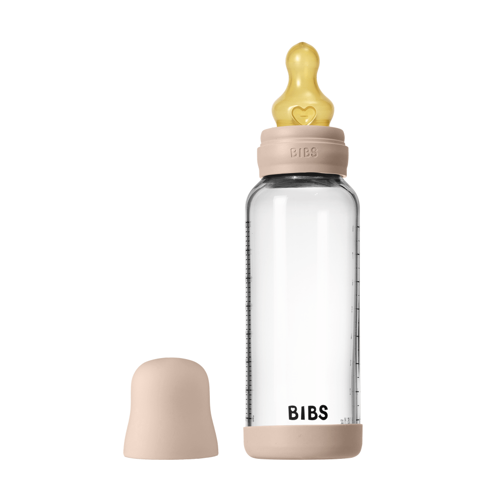Set complet biberon BIBS din sticla anticolici cu tetina din latex, flux mediu, 240 ml, Blush