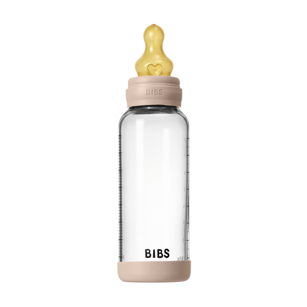 Set complet biberon BIBS din sticla anticolici cu tetina din latex, flux mediu, 240 ml, Blush