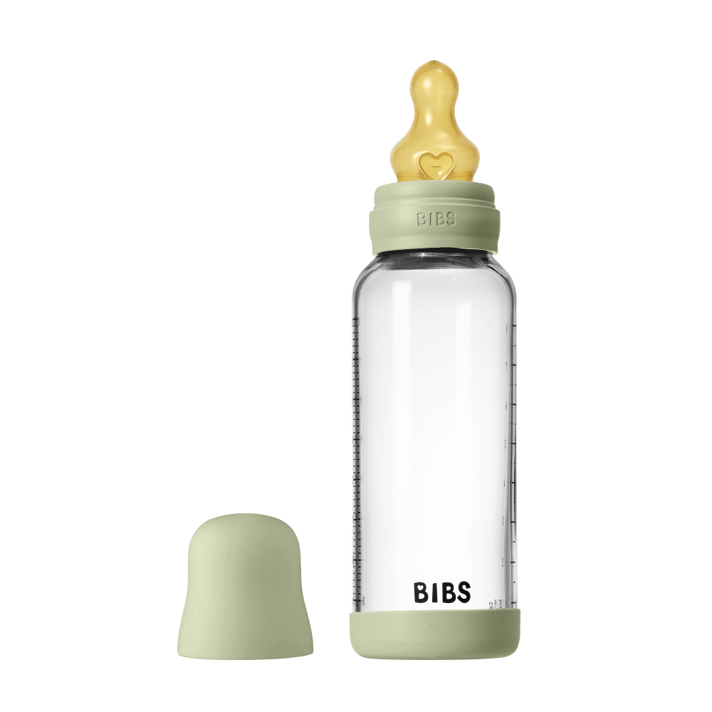 Set complet biberon BIBS din sticla anticolici cu tetina din latex, flux mediu, 240 ml, Sage