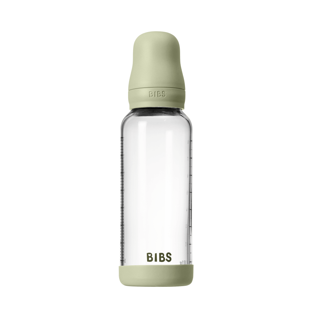 Set complet biberon BIBS din sticla anticolici cu tetina din latex, flux mediu, 240 ml, Sage