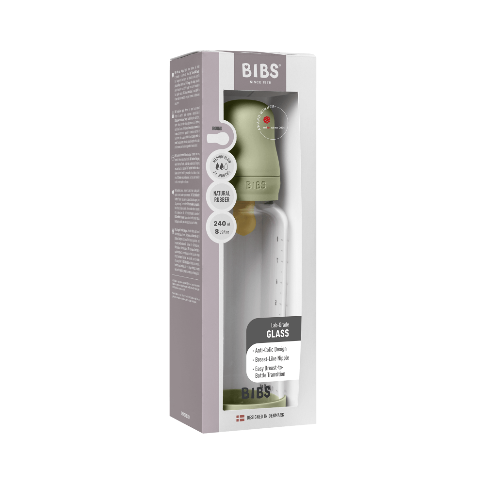 Set complet biberon BIBS din sticla anticolici cu tetina din latex, flux mediu, 240 ml, Sage