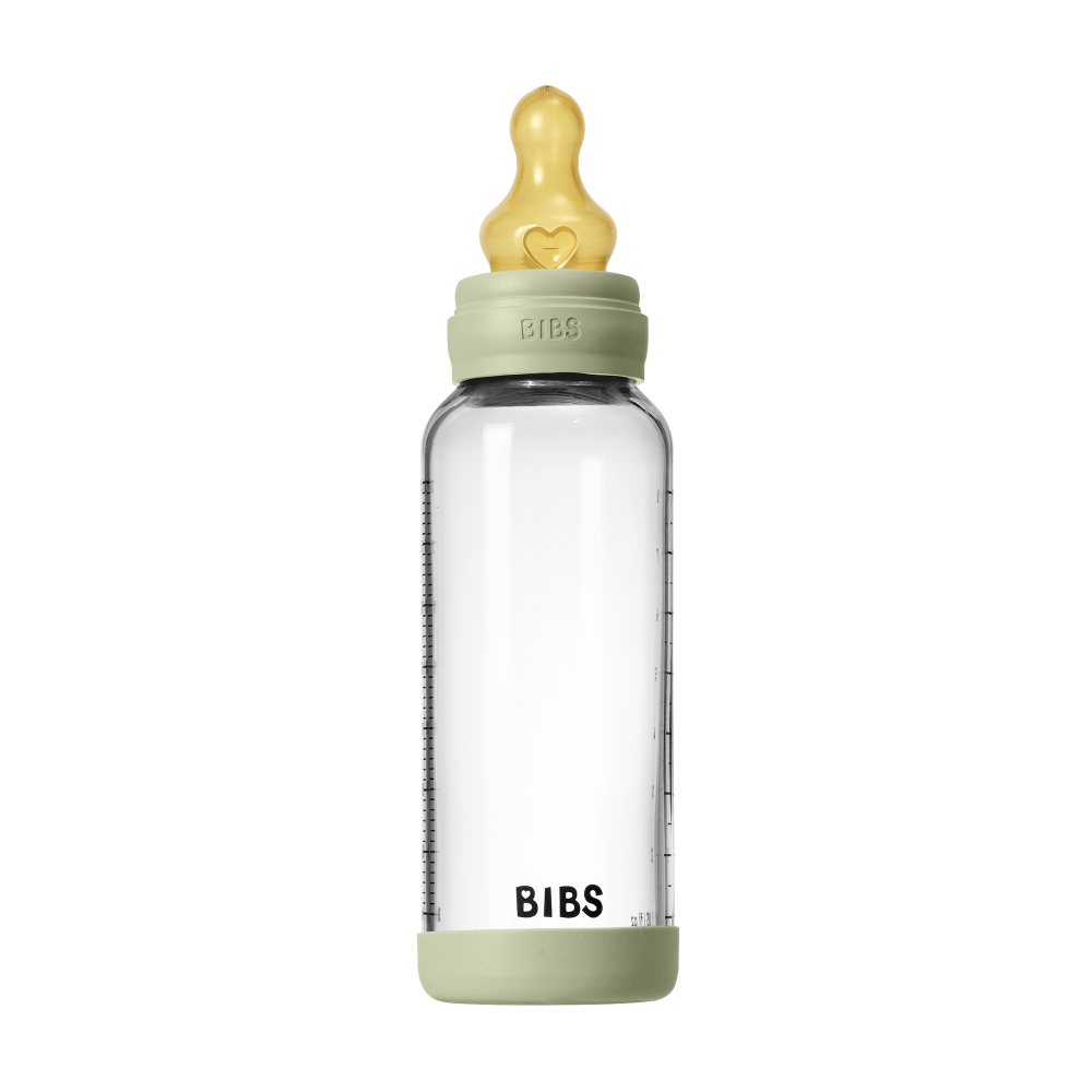Set complet biberon BIBS din sticla anticolici cu tetina din latex, flux mediu, 240 ml, Sage