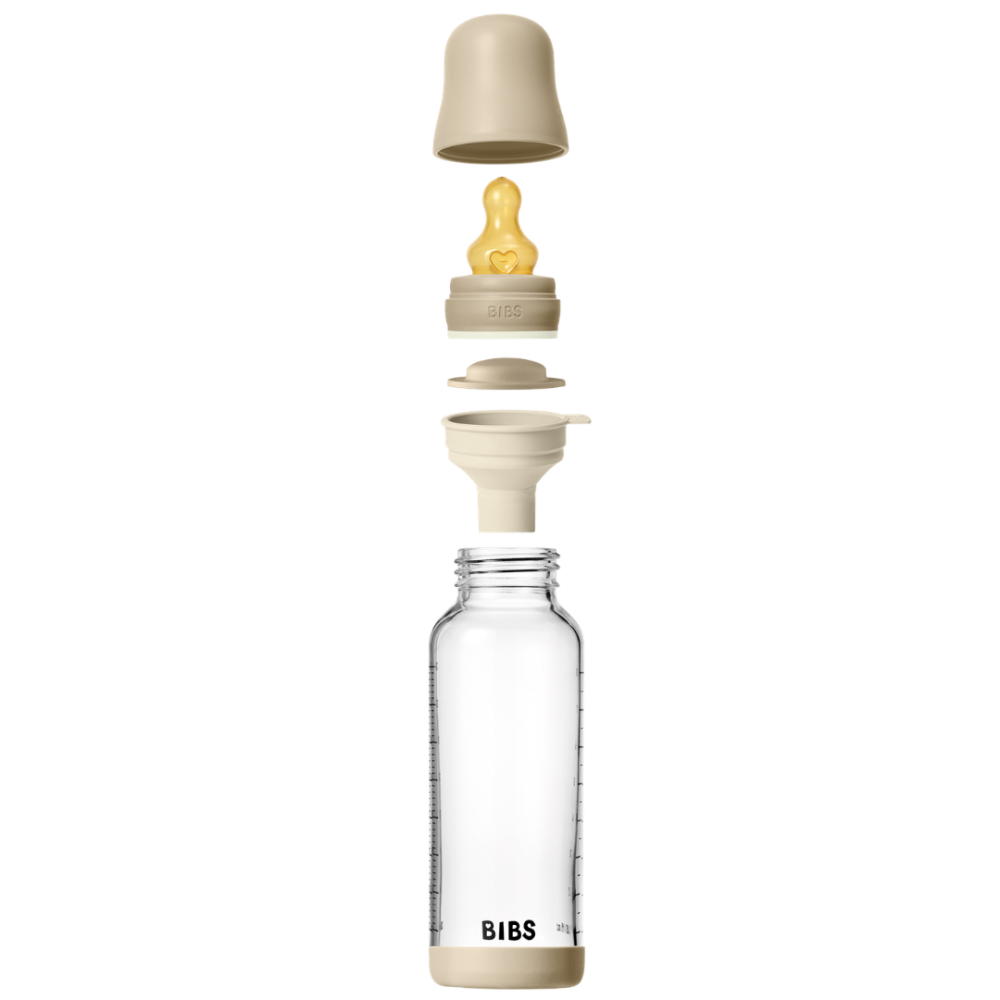 Set complet biberon BIBS fosforescent din sticla anticolici cu tetina din latex, flux mediu, 240 ml, Vanilla Glow