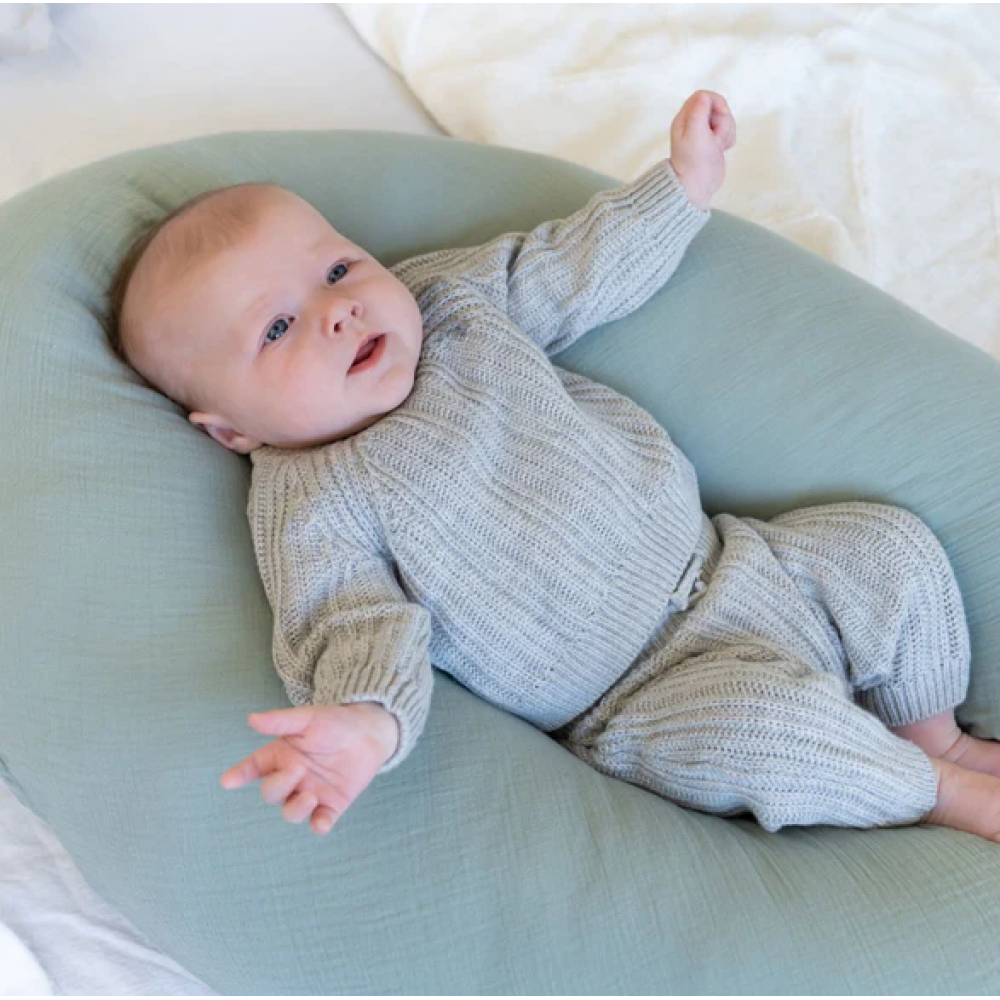Doomoo - Perna mare 3 in 1 Comfy Big Tetra Green din bumbac organic: perna gravide, suport pentru hranire, suport pentru bebe