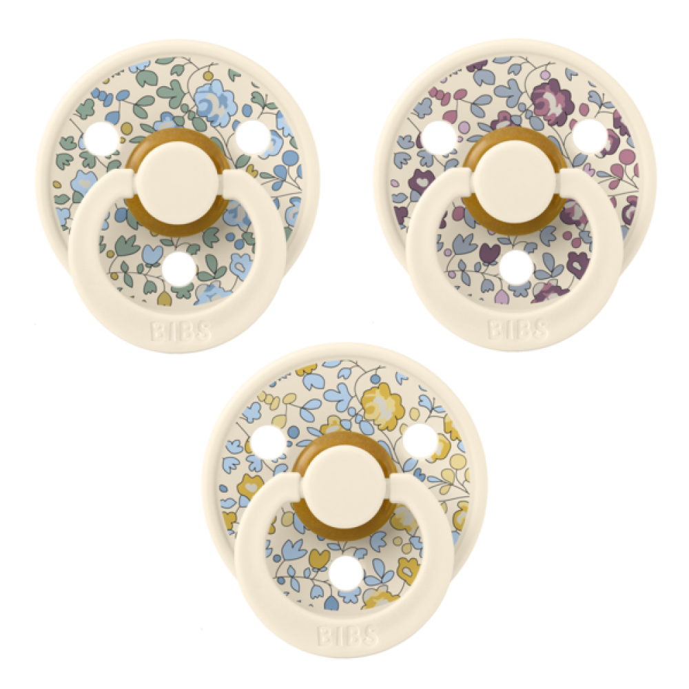 BIBS x Liberty - Set 3 suzete Colour Latex, tetina rotunda, simetrica & anatomica 0 luni + Ivory Eloise