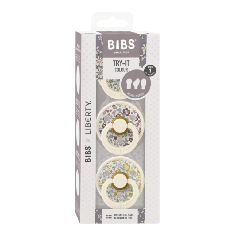BIBS x Liberty - Set 3 suzete Colour Latex, tetina rotunda, simetrica & anatomica 0 luni + Ivory Eloise