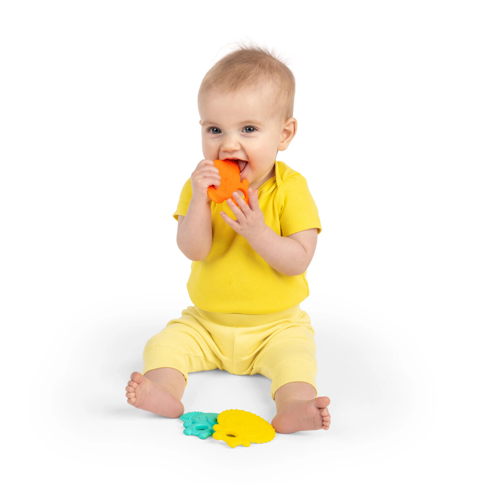 Set 3 jucarii de dentitie texturate Bright Starts Gummy Buddies -  Elefant, Leu, Maimuta