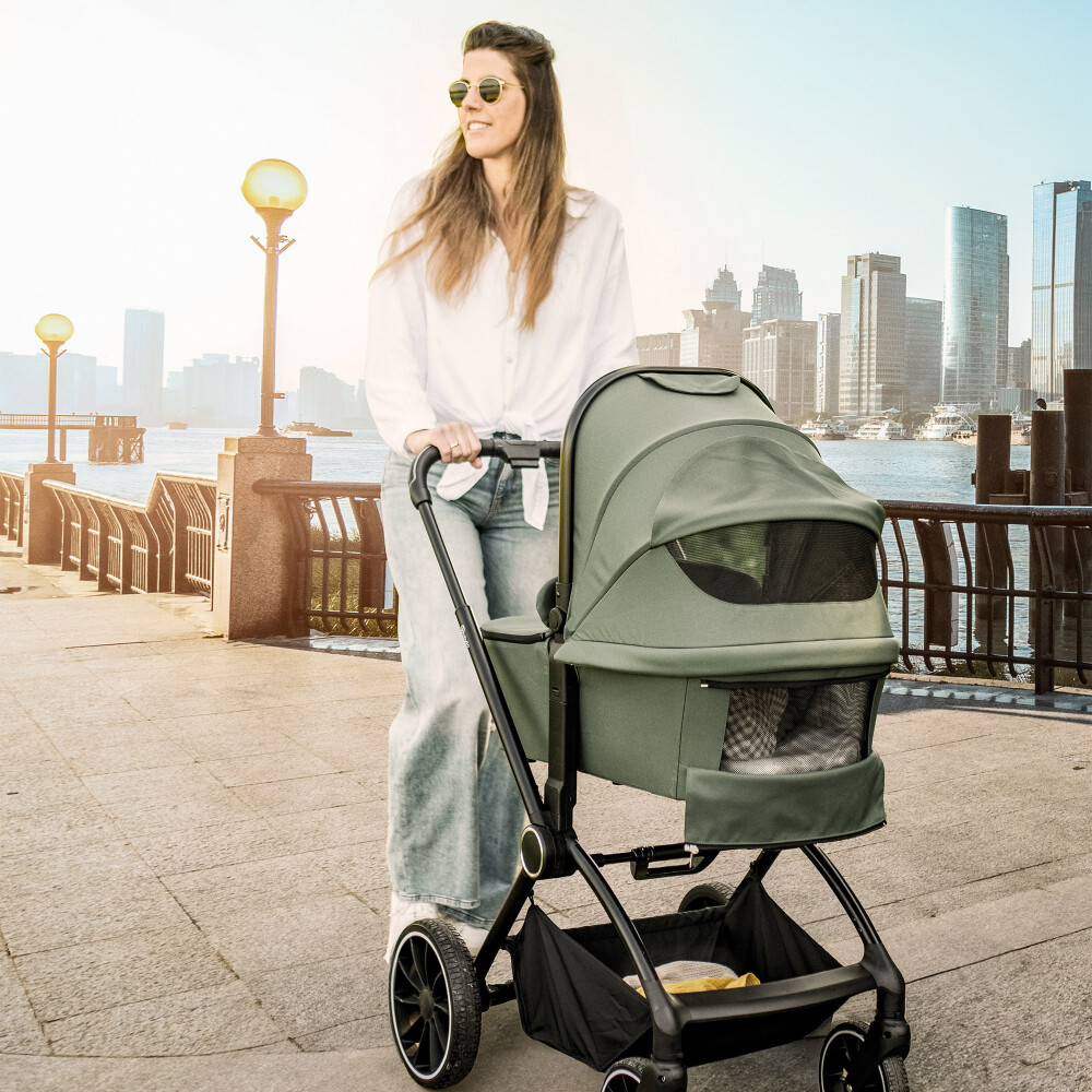 BabyGo - Carucior 3 in 1 Harmony Green cu maner reglabil pe inaltime, cadru Black