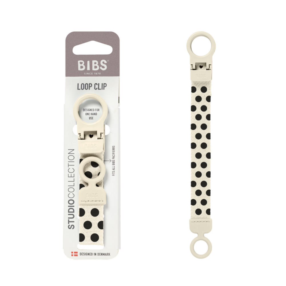Lantisor clip BIBS Loop pentru suzeta, Studio Collection Polka Dots, Ivory Black