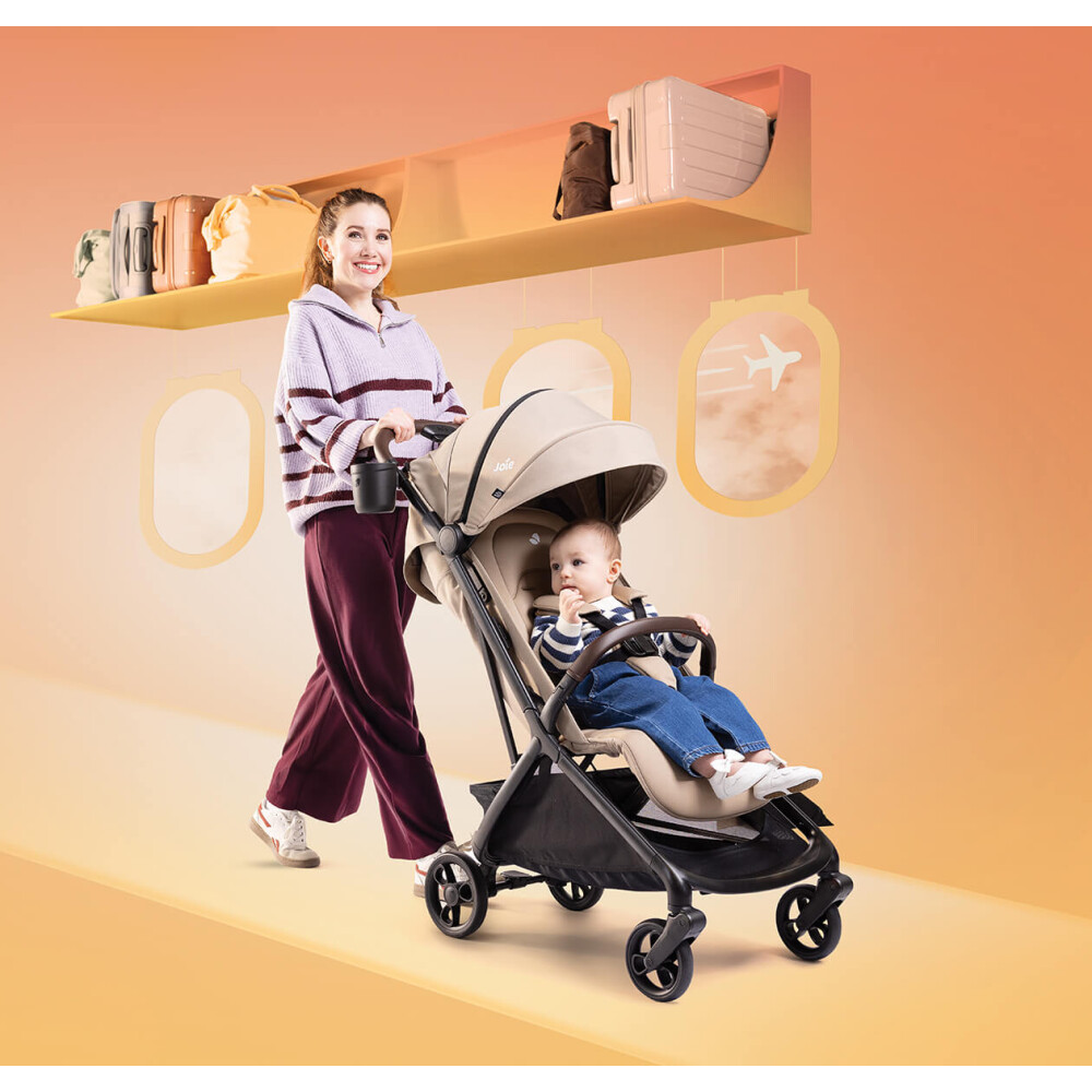 Carucior ultracompact Joie Porto Cashew, compatibil bagaj de cabina, pliere automata, de la nastere pana la 22 kg