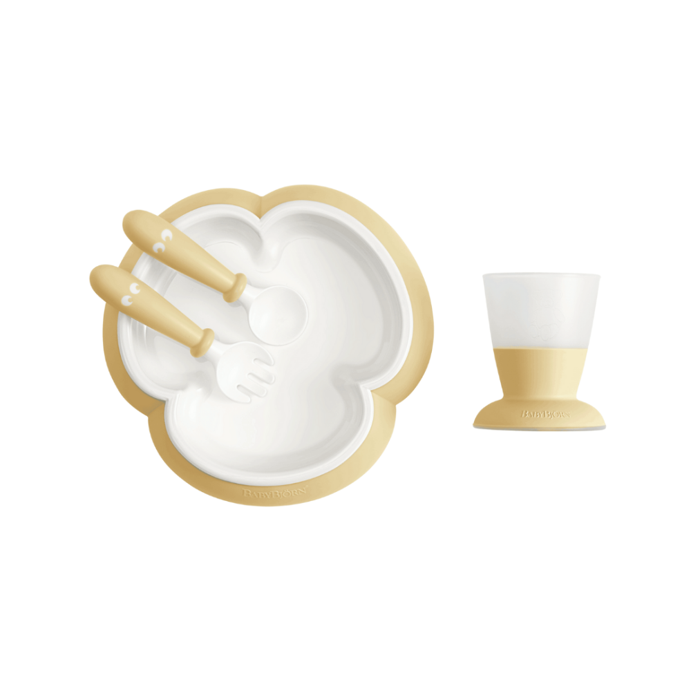 BabyBjorn - Set hranire: farfurie, lingurita, furculita si pahar pentru bebe, Powder Yellow
