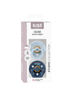 Set 2 suzete BIBS Colour Studio Collection Holiday Train Steel, tetina rotunda, 6 luni+, Baby Blue