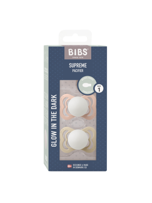 BIBS - Set 2 suzete Supreme Fosforescente GLOW Latex, tetina simetrica, 0 luni +
