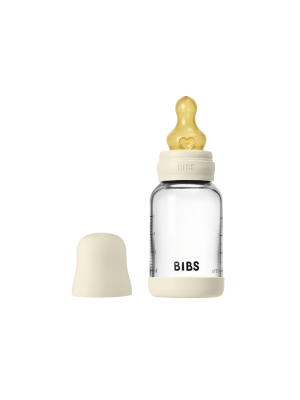 Set complet biberon din sticla BIBS anticolici cu tetina din latex, flux lent, 120 ml, Ivory
