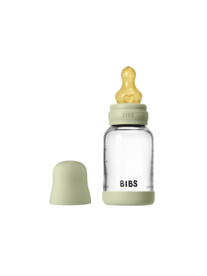 Set complet biberon BIBS din sticla anticolici cu tetina din latex, flux lent, 120 ml, Sage