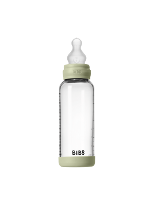 Set complet biberon BIBS din sticla anticolici cu tetina din silicon, flux mediu, 240 ml, Sage