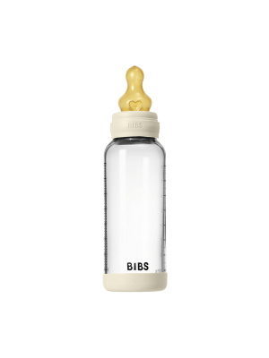 Set complet biberon BIBS din sticla anticolici cu tetina din latex, flux mediu, 240 ml, Ivory