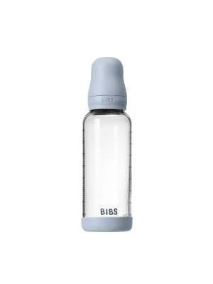 Set complet biberon BIBS din sticla anticolici cu tetina din latex, flux mediu, 240 ml, Baby Blue