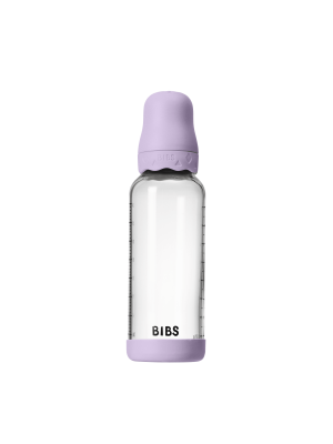 Set complet biberon BIBS Boheme din sticla anticolici cu tetina din latex, flux mediu, 240 ml, Violet Sky