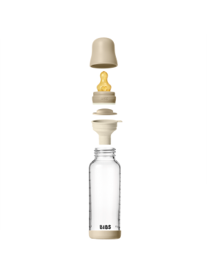 Set complet biberon BIBS fosforescent din sticla anticolici cu tetina din latex, flux mediu, 240 ml, Vanilla Glow