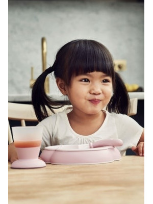 BabyBjorn - Set hranire: farfurie, lingurita, furculita si pahar pentru bebe, Powder Pink