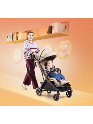 Carucior ultracompact Joie Porto Cashew, compatibil bagaj de cabina, pliere automata, de la nastere pana la 22 kg