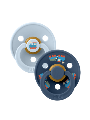 Set 2 suzete BIBS Colour Studio Collection Holiday Train Steel, tetina rotunda, 6 luni+, Baby Blue