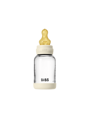 Set complet biberon din sticla BIBS anticolici cu tetina din latex, flux lent, 120 ml, Ivory