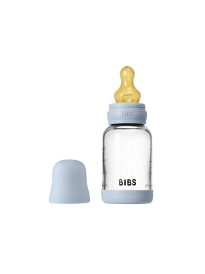 Set complet biberon BIBS din sticla anticolici cu tetina din latex, flux lent, 120 ml, Baby Blue