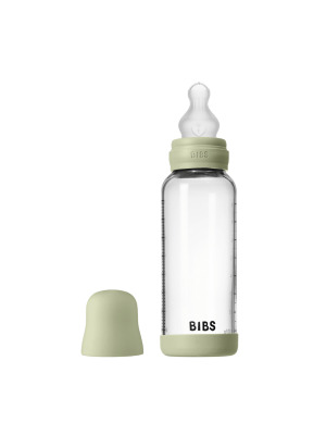 Set complet biberon BIBS din sticla anticolici cu tetina din silicon, flux mediu, 240 ml, Sage