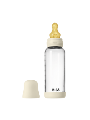 Set complet biberon BIBS din sticla anticolici cu tetina din latex, flux mediu, 240 ml, Ivory