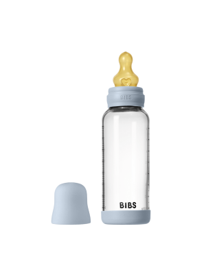 Set complet biberon BIBS din sticla anticolici cu tetina din latex, flux mediu, 240 ml, Baby Blue