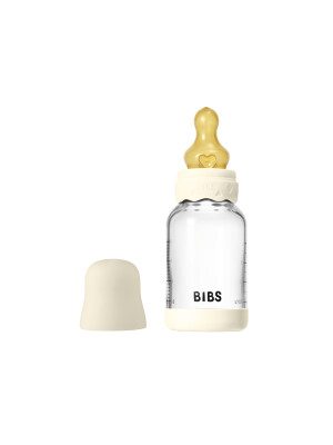 Set complet biberon BIBS Boheme din sticla anticolici cu tetina din latex, flux lent, 120 ml, Ivory