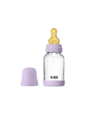 Set complet biberon BIBS Boheme din sticla anticolici cu tetina din latex, flux lent, 120 ml, Violet Sky