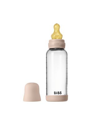 Set complet biberon BIBS din sticla anticolici cu tetina din latex, flux mediu, 240 ml, Blush