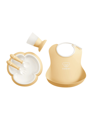BabyBjorn - Set hranire: farfurie, lingurita, furculita, pahar si bavetica pentru bebe, Powder Yellow